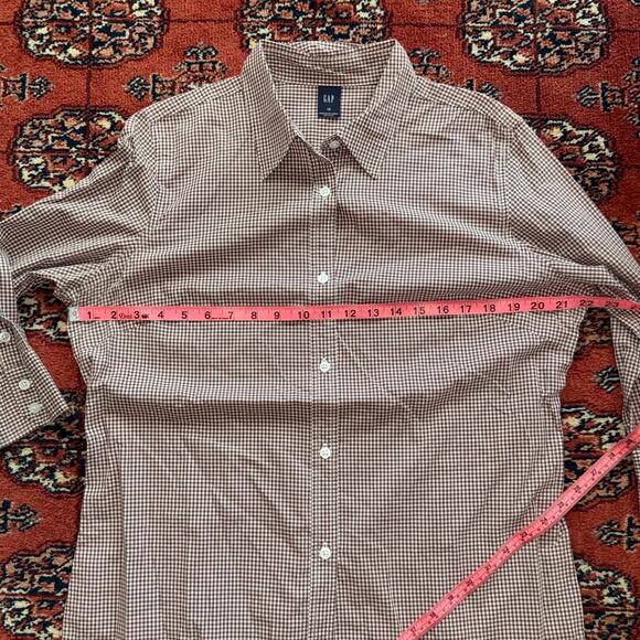 GAP 14 Brown/White Mini Gingham Super Smooth 3/4 Sleeve Button Front Blouse - Picture 5 of 9